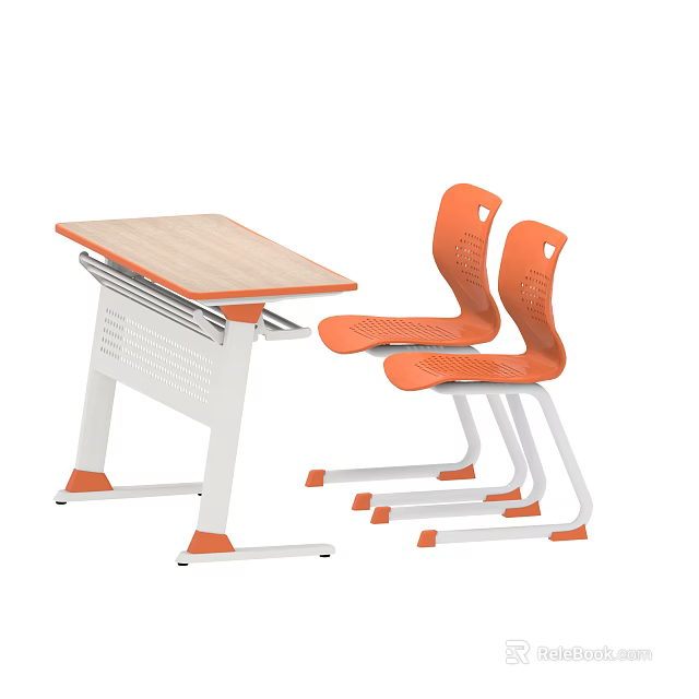 Modern Desk And Chair Set With Light Wood Tabletop White Frame And Orange Accents 3d model 