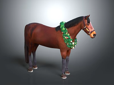 Brown Horse Adorned With Green Garland And Golden Ornaments On Gray Background 3d model