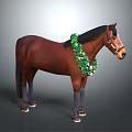 Brown Horse Adorned With Green Garland And Golden Ornaments On Gray Background