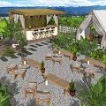 Outdoor Teahouse Featuring Wooden Pavilion String Lights Greenery Stone Pathway Tables And Chairs