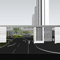 Modern Entrance Gate Design With High Rise Buildings And Driveway Green Plants