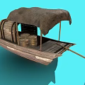 Traditional Wooden Water Transportation Boat With Brown Canopy And Large Wooden Wheel