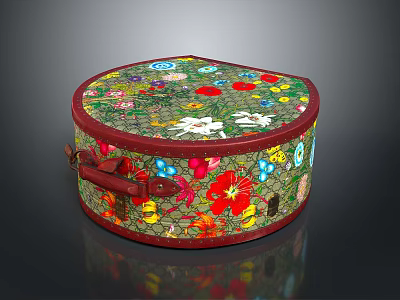 Round Decorative Storage Box With Vibrant Floral And Butterfly Patterns Red Trim And Leather Handle 3d model