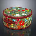 Round Decorative Storage Box With Vibrant Floral And Butterfly Patterns Red Trim And Leather Handle