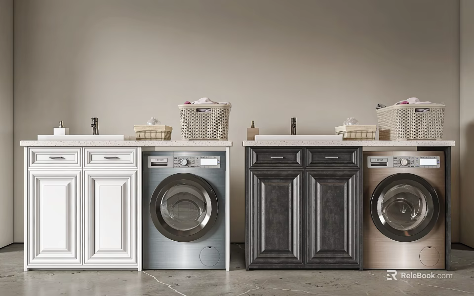 White And Black Bathroom Vanity Cabinets With Washing Machine Basket Faucet And Toiletries 3d model 