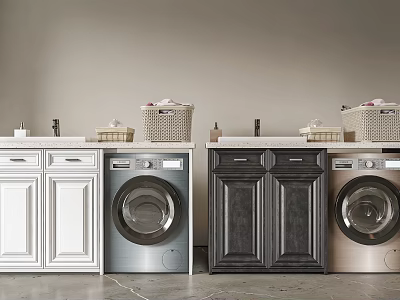 White And Black Bathroom Vanity Cabinets With Washing Machine Basket Faucet And Toiletries 3d model