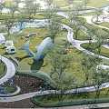 Scenic Park Landscape with Winding Paths Lush Trees Whale Sculpture and Green Lawns