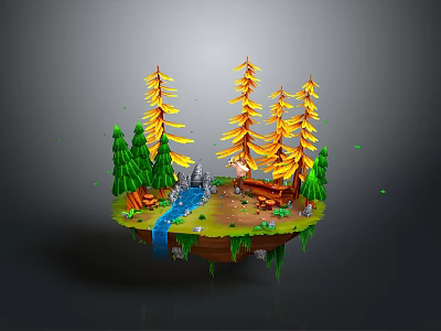 3D Floating Island Landscape With Green Pine Trees Yellow Trees Small Stream And Wooden Bridge 3d model