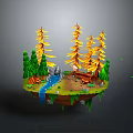3D Floating Island Landscape With Green Pine Trees Yellow Trees Small Stream And Wooden Bridge