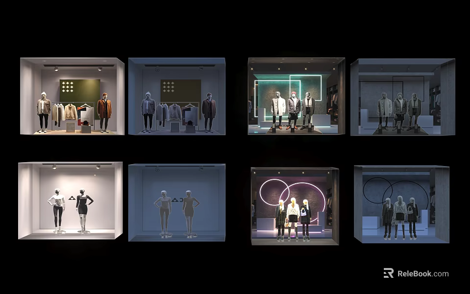 Modern Store Windows With Various Dressed Mannequins Creative Clothing Displays And Lighting 3d model 