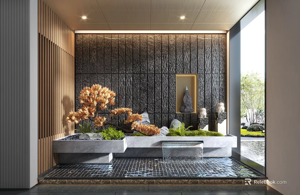 Serene Garden Ornament Design With Lush Plants Water Feature And Natural Stone Elements 3d model 