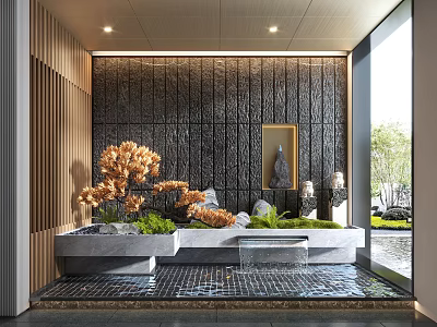 Serene Garden Ornament Design With Lush Plants Water Feature And Natural Stone Elements 3d model