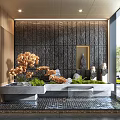 Serene Garden Ornament Design With Lush Plants Water Feature And Natural Stone Elements