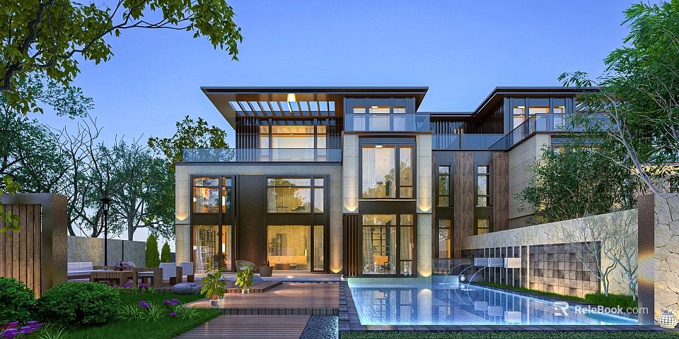 Luxury Modern Detached Villa With Swimming Pool And Outdoor Lounge Area 3d model 