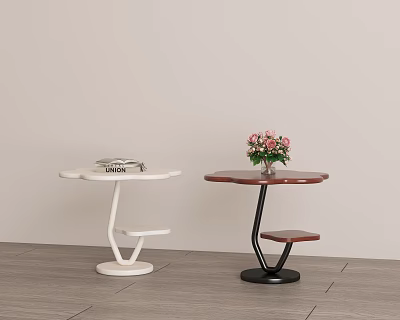 Modern Side Tables with White Design and Brown Tabletop Black Stand Featuring Flowers and Books 3d model