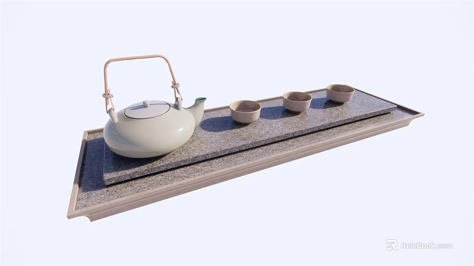 Elegant White Ceramic Tea Set with Teapot and Three Small Teacups on Rectangular Tray 3d model