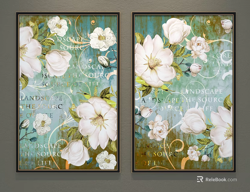 Floral Paintings With White Flowers Ornamental Swirls And Vintage Style 3d model 