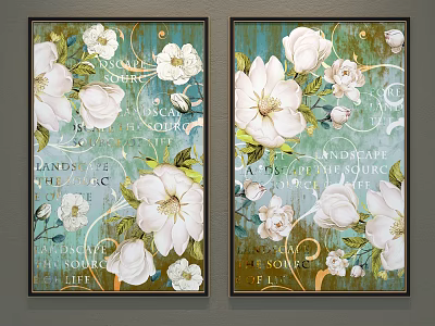 Floral Paintings With White Flowers Ornamental Swirls And Vintage Style 3d model