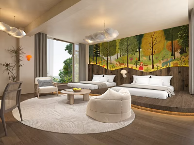Modern Hotel Room Interior With Forest Mural Comfortable Beds And Natural Scenic View 3d model
