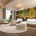 Modern Hotel Room Interior With Forest Mural Comfortable Beds And Natural Scenic View