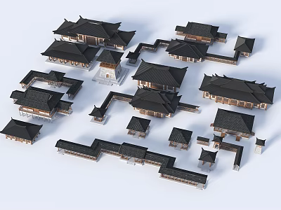 Traditional Chinese Wooden Pergola With Black Roof And Connected Architectural Buildings 3d model