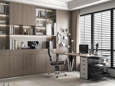 Modern Study Room Interior With Wooden Shelves Desk Chair And Window Blinds 3d model