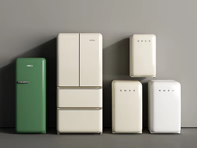 Green and White Refrigerators and Freezers with Various Designs Displayed Against Gray Wall 3d model