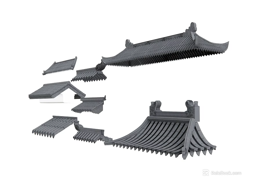 Chinese Traditional Architectural Roof Components Featuring Eaves And Tile Structures 3d model 