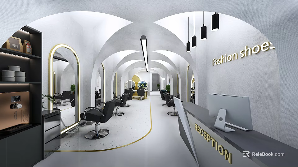 Modern Fashion Beauty Salon Interior With Arched Ceilings Reception Mirrors And Styling Chairs 3d model 