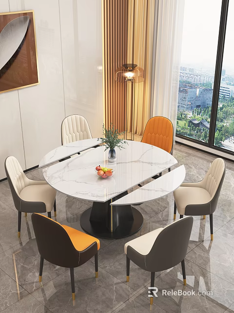 Modern Round Marble Dining Table Set With Beige Orange Grey Chairs Floor Lamp City View 3d model 
