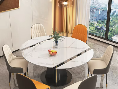 Modern Round Marble Dining Table Set With Beige Orange Grey Chairs Floor Lamp City View 3d model