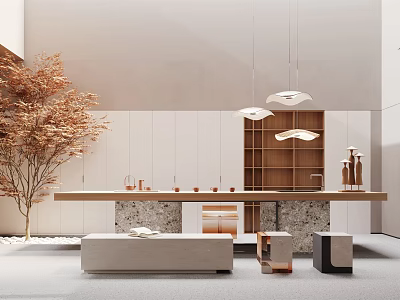 Modern Tea Room Minimalist Design With Open Layout Wooden Elements Marble Countertop And Hanging Lights 3d model