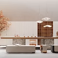 Modern Tea Room Minimalist Design With Open Layout Wooden Elements Marble Countertop And Hanging Lights