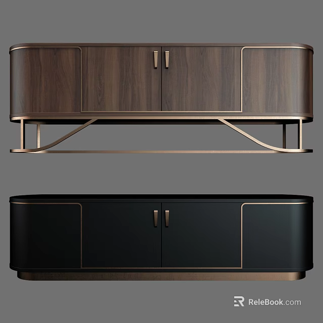 Modern Elegant TV Stand With Wooden And Black Finish Cabinets And Metal Legs 3d model 