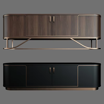 Modern Elegant TV Stand With Wooden And Black Finish Cabinets And Metal Legs 3d model