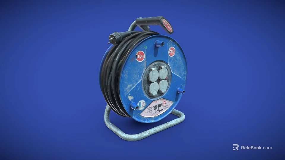 Blue Industrial Cable Reel With Black Cable And Metal Stand 3d model 