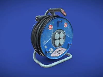 Blue Industrial Cable Reel With Black Cable And Metal Stand 3d model