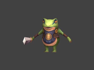 Animated Green Frog Game Character Wearing Armor Holding Diamond Shaped Object 3d model