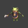 Animated Green Frog Game Character Wearing Armor Holding Diamond Shaped Object