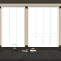 Modern White Wardrobe Interior With Louvered Doors Drawers And Decorative Items
