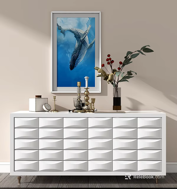 White Modern TV Stand with Decorative Whale Painting Candle Holders and Flower Vase 3d model 