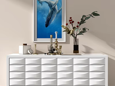 White Modern TV Stand with Decorative Whale Painting Candle Holders and Flower Vase 3d model