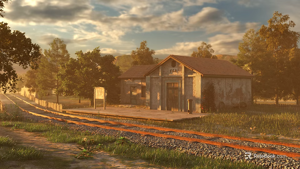 Scenic Train Station Exterior With Rail Tracks Trees And Wooden Platform Under Cloudy Sky 3d model 