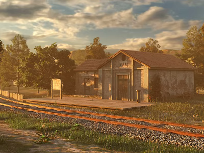 Scenic Train Station Exterior With Rail Tracks Trees And Wooden Platform Under Cloudy Sky 3d model