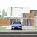 Modern Detached House Facade With Concrete Brick Walls Parked Car Greenery And Trees