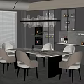 Modern Kitchen Dining Interior with Marble Table Light Gray Chairs Gray Cabinets Chandelier and Plant
