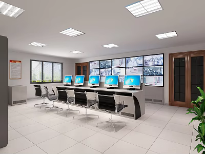 Modern Security Monitoring Room Interior Design Featuring Multiple Monitor Screens Control Console And Chairs 3d model