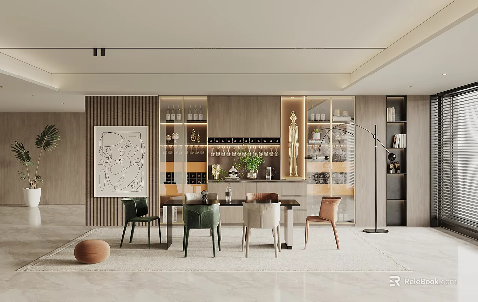 Elegant Modern Restaurant Dining Area With Wooden Wine Racks Dining Table Colorful Chairs And Artwork 3d model 