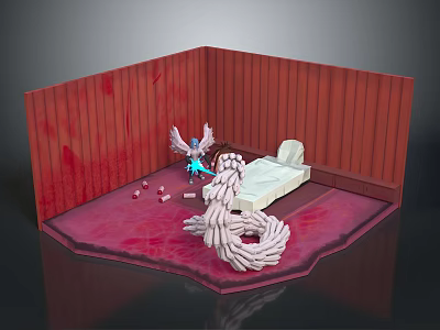 Winged Game Movie Character In Red Room With Bed Glowing Weapon And White Tangled Elements 3d model