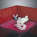 Winged Game Movie Character In Red Room With Bed Glowing Weapon And White Tangled Elements
